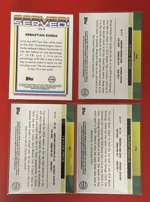 Four collectible tennis trading cards from 2024 Topps Chrome Korda Served & Wang Refractor lot