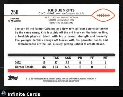 2024 Topps Chrome KRIS JENKINS #250 Prism Refractor Cincinnati Bengals RC - Football Card Single
