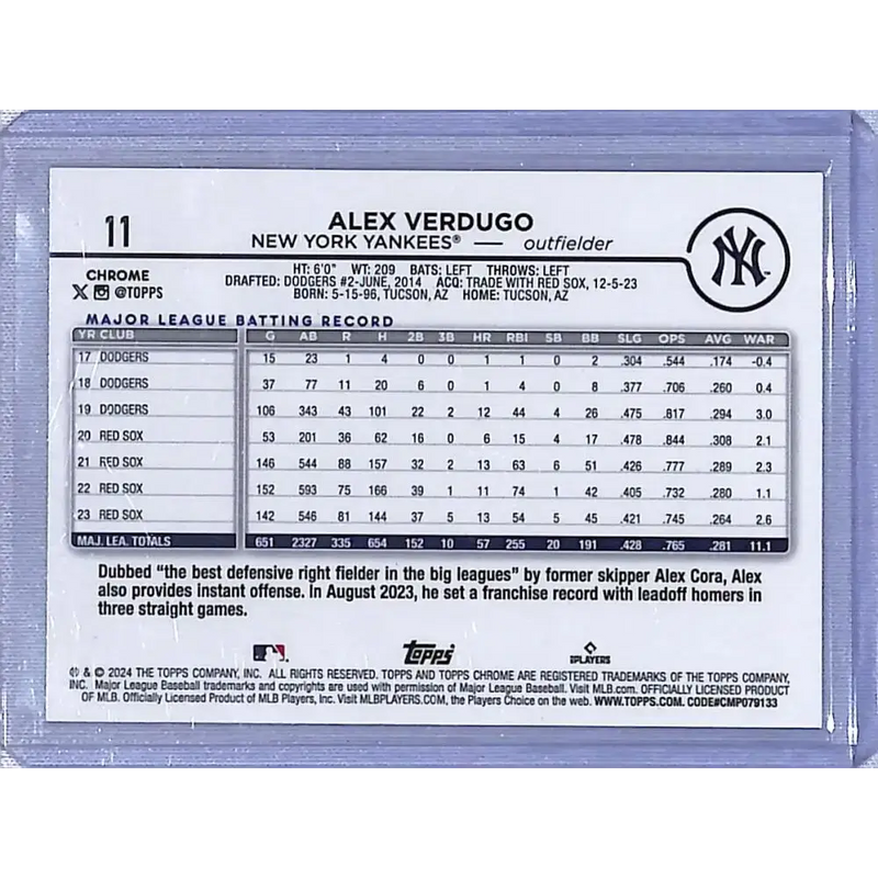 2024 Topps Chrome Logofractor #11 Alex Verdugo NM-MT 125/199 New York Yankees Baseball Card - Baseball Card Single
