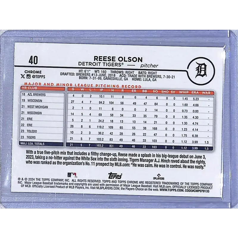 2024 Topps Chrome Logofractor #40 Reese Olson NM-MT Detroit Tigers - Baseball Card Single