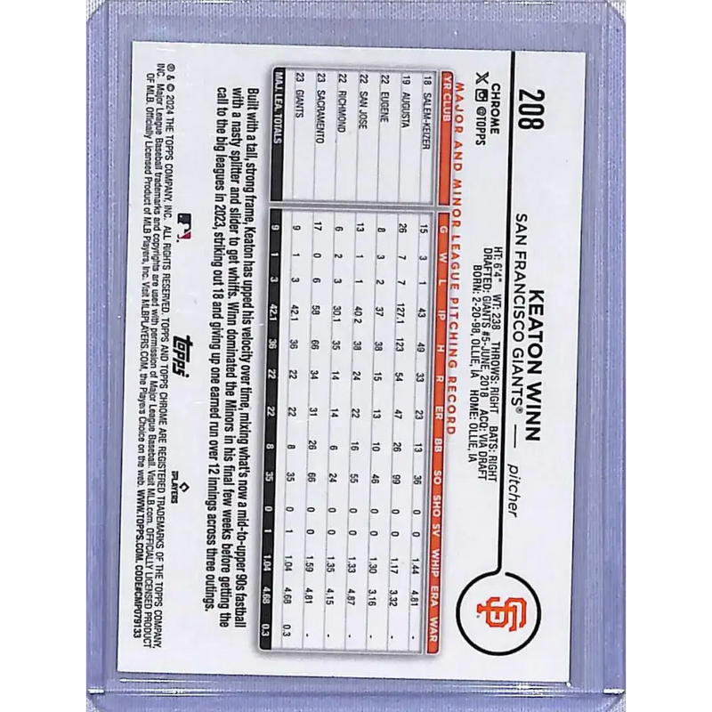 2024 Topps Chrome Logofractor Edition Refractor MLB Green #208 Keaton Winn NM-MT RC Rookie San Francisco Giants