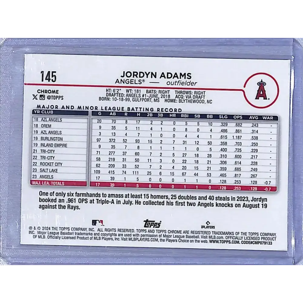 2024 Topps Chrome Logofractor Refractor #145 Jordyn Adams NM-MT RC Rookie - Baseball Card Single