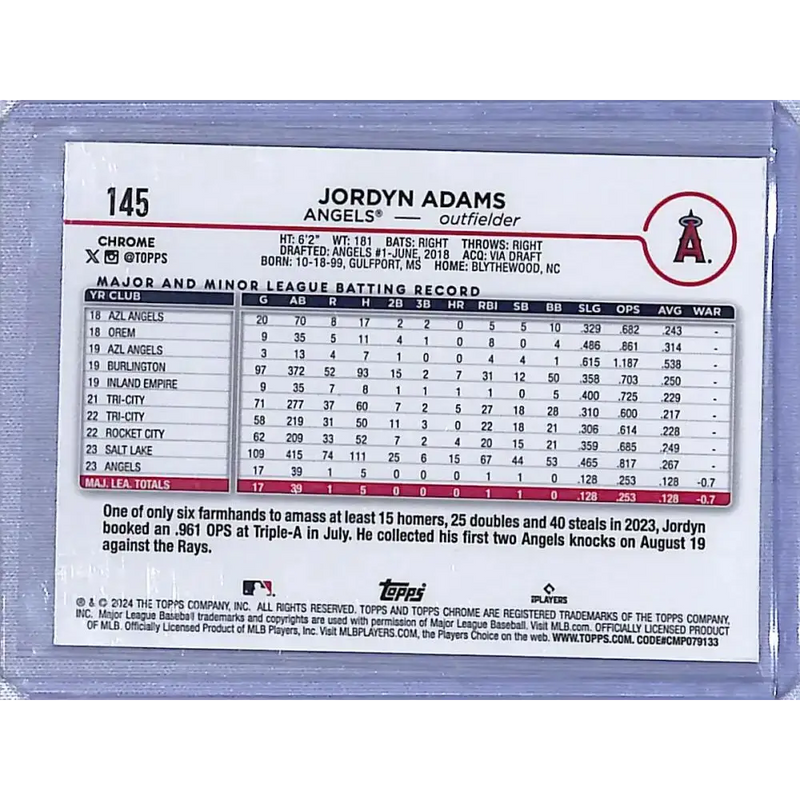 2024 Topps Chrome Logofractor Refractor #145 Jordyn Adams NM-MT RC Rookie - Baseball Card Single