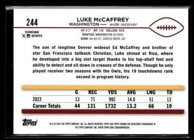 2024 Topps Chrome Luke McCaffrey #244 RC Washington Commanders