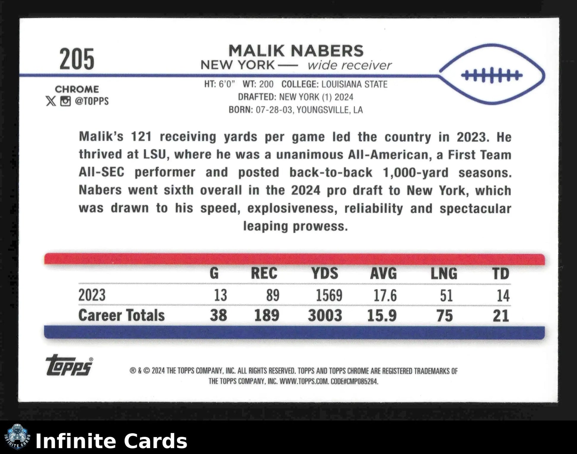 2024 Topps Chrome MALIK NABERS #205 New York Giants RC - Football Card Single