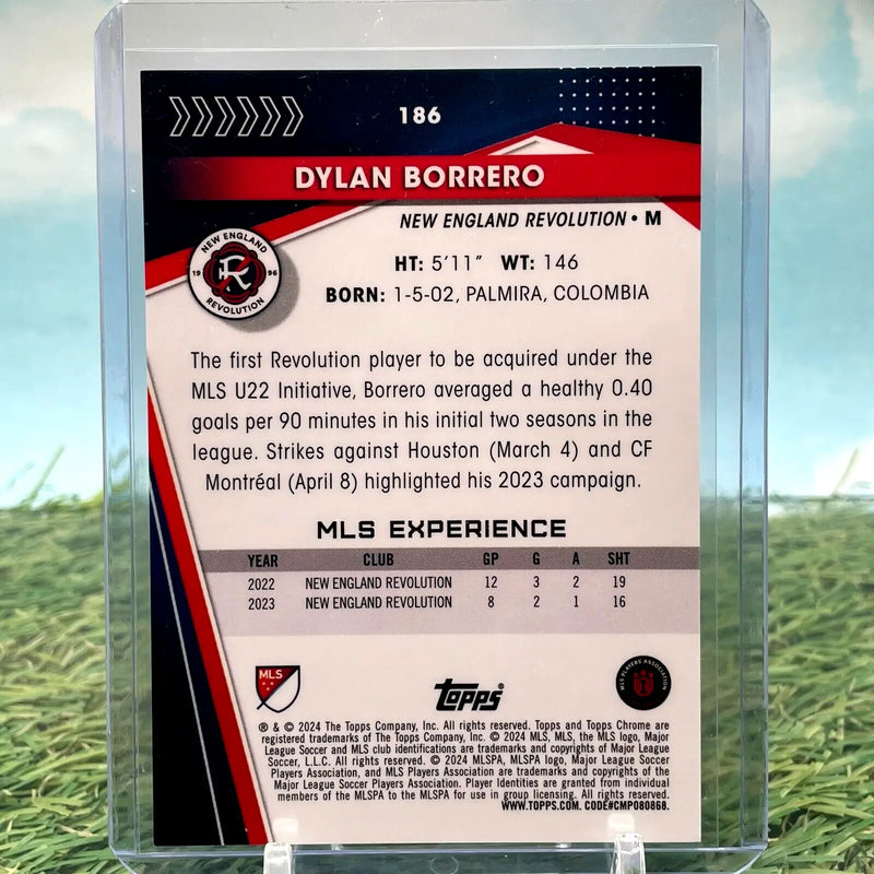 Dylan Borrero Rose Gold Refractor soccer card from 2024 Topps Chrome MLS #186