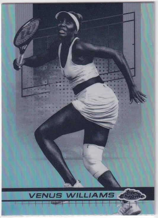 Tennis player in white serving featured on Topps Chrome Negative Refractor card