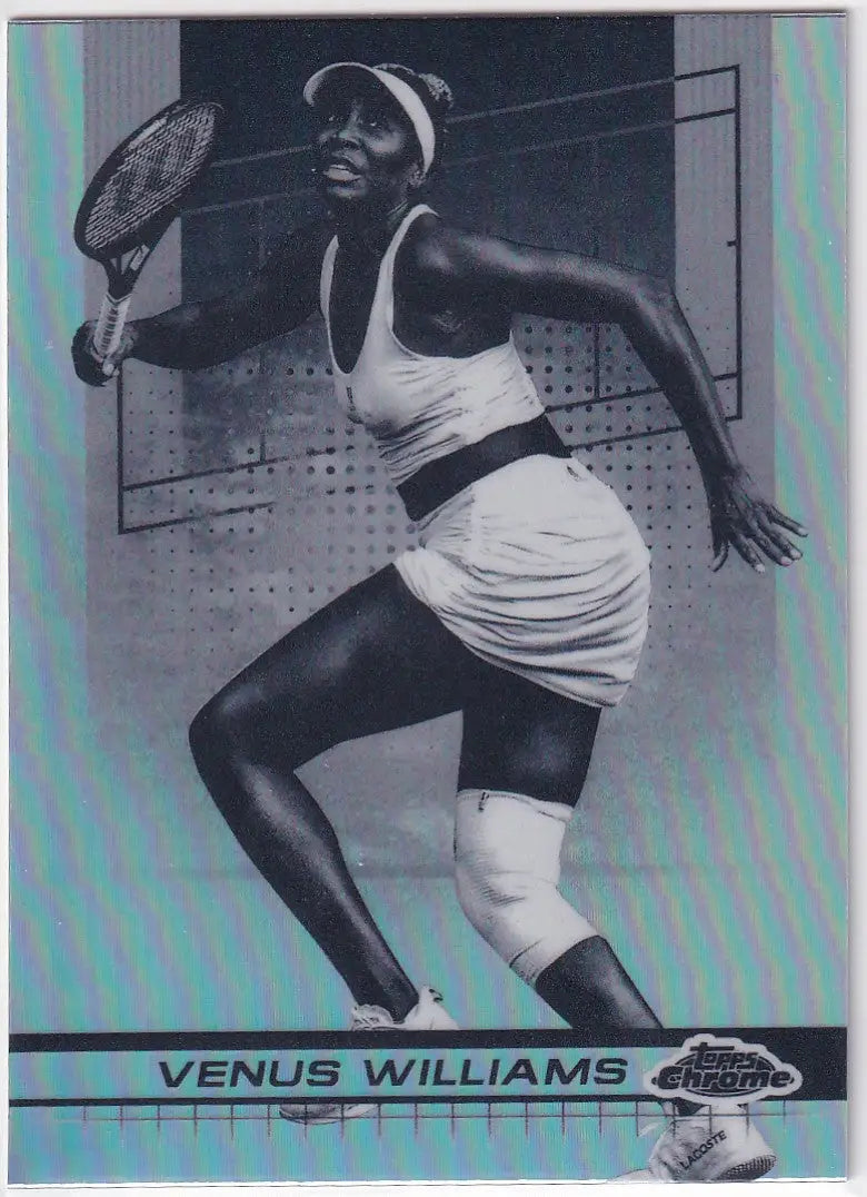 Tennis player in white serving featured on Topps Chrome Negative Refractor card