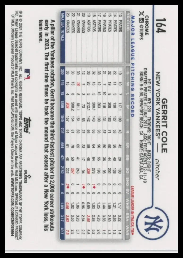 2024 Topps Chrome - Pink Refractors Gerrit Cole 164 New York Yankees Baseball NM - Baseball Card Single