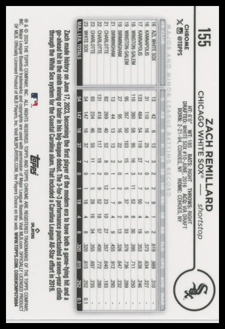 2024 Topps Chrome - Pink Refractors Zach Remillard 155 White Sox Baseball NM - Baseball Card Single