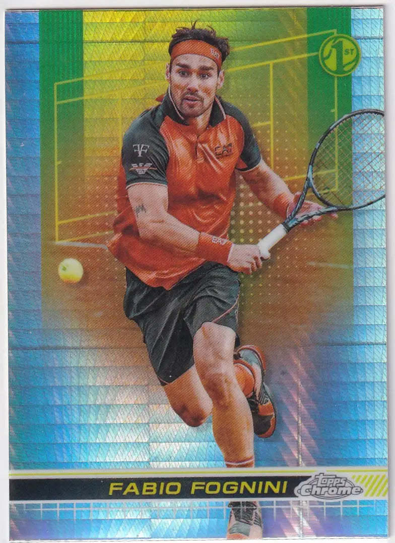 Tennis player in orange shirt hitting forehand for 2024 Topps Chrome Prizm card