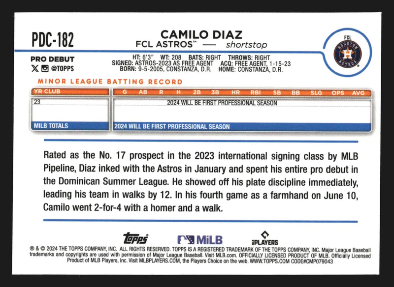 2024 Topps Chrome Pro Debut #PDC-182 Camilo Diaz FCL Astros Prospect