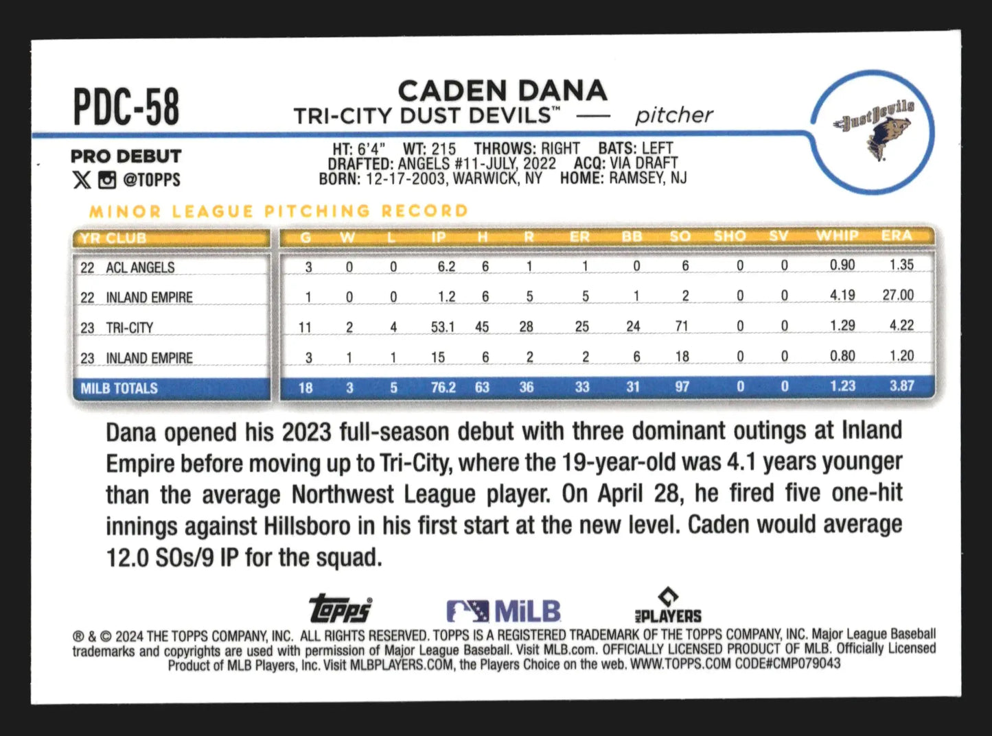2024 Topps Chrome Pro Debut #PDC-58 Caden Dana Tri-City Dust Devils Angels