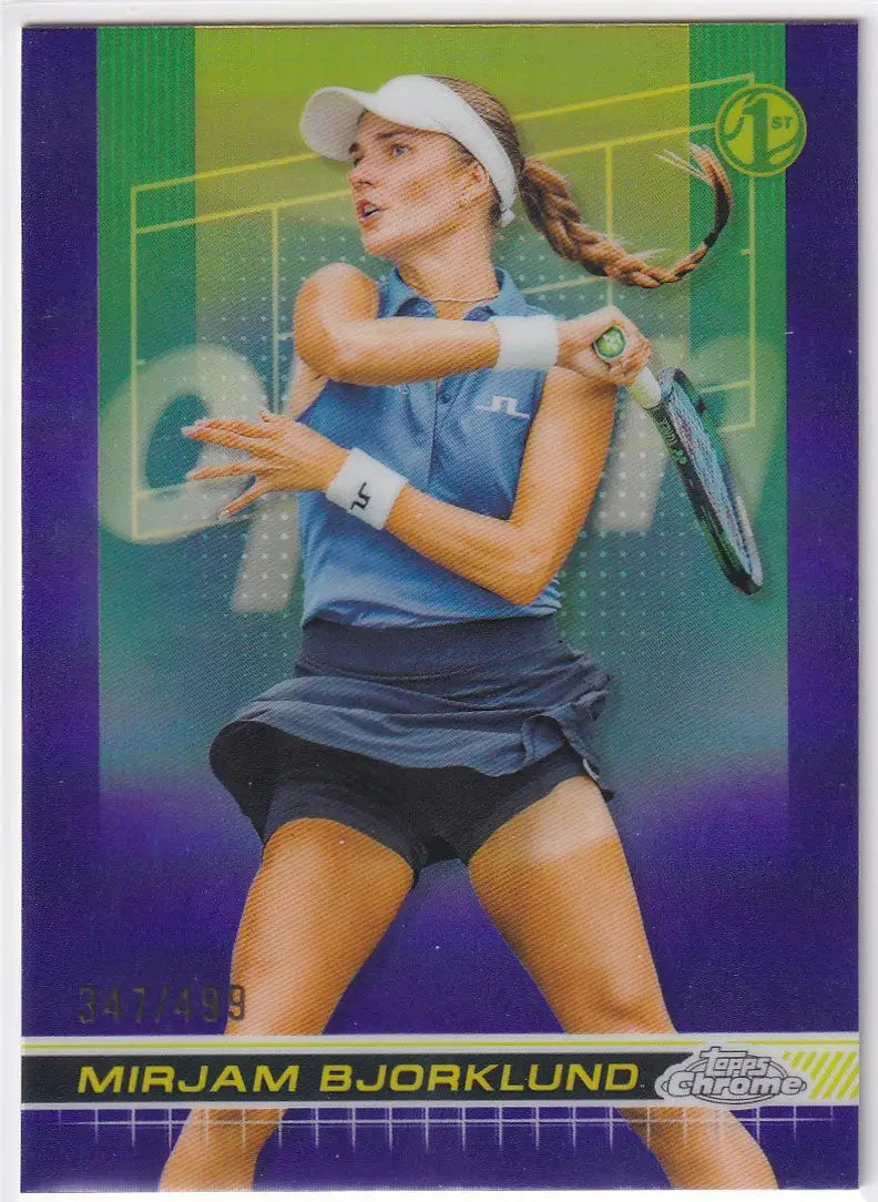 Tennis player in blue attire hits a forehand in Topps Chrome Purple Refractor design