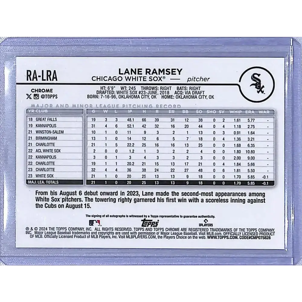 2024 Topps Chrome #RA-LRA Lane Ramsey NM-MT RC Rookie Auto - Baseball Card Single