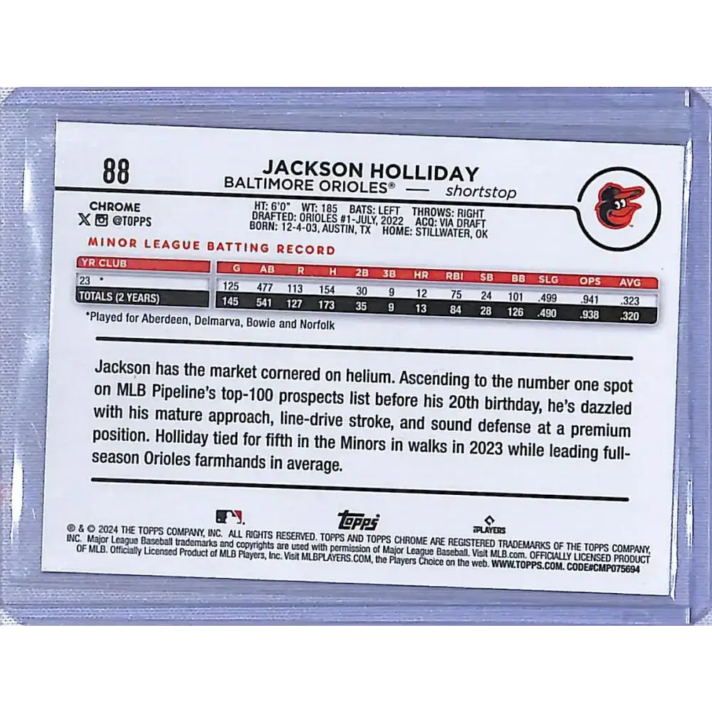2024 Topps Chrome Ray Wave #88 Jackson Holliday NM-MT Baltimore Orioles - Baseball Card Single