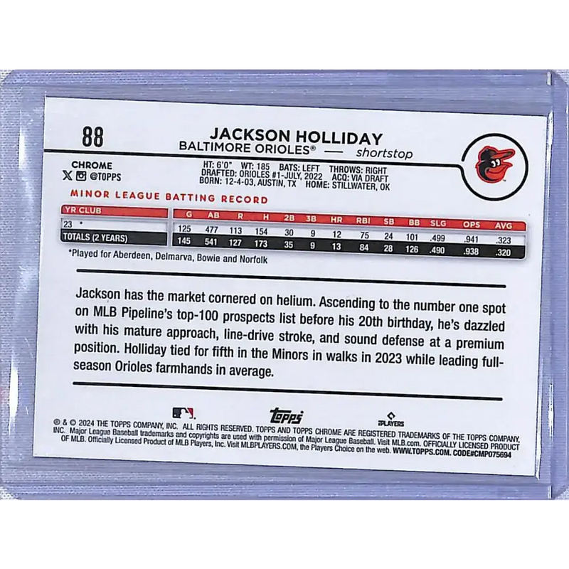 2024 Topps Chrome Ray Wave #88 Jackson Holliday NM-MT Baltimore Orioles - Baseball Card Single