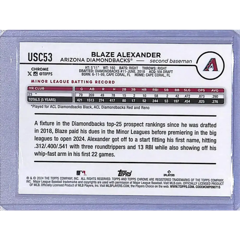 2024 Topps Chrome Ray Wave #USC53 Blaze Alexander NM-MT Arizona Diamondbacks - Baseball Card Single