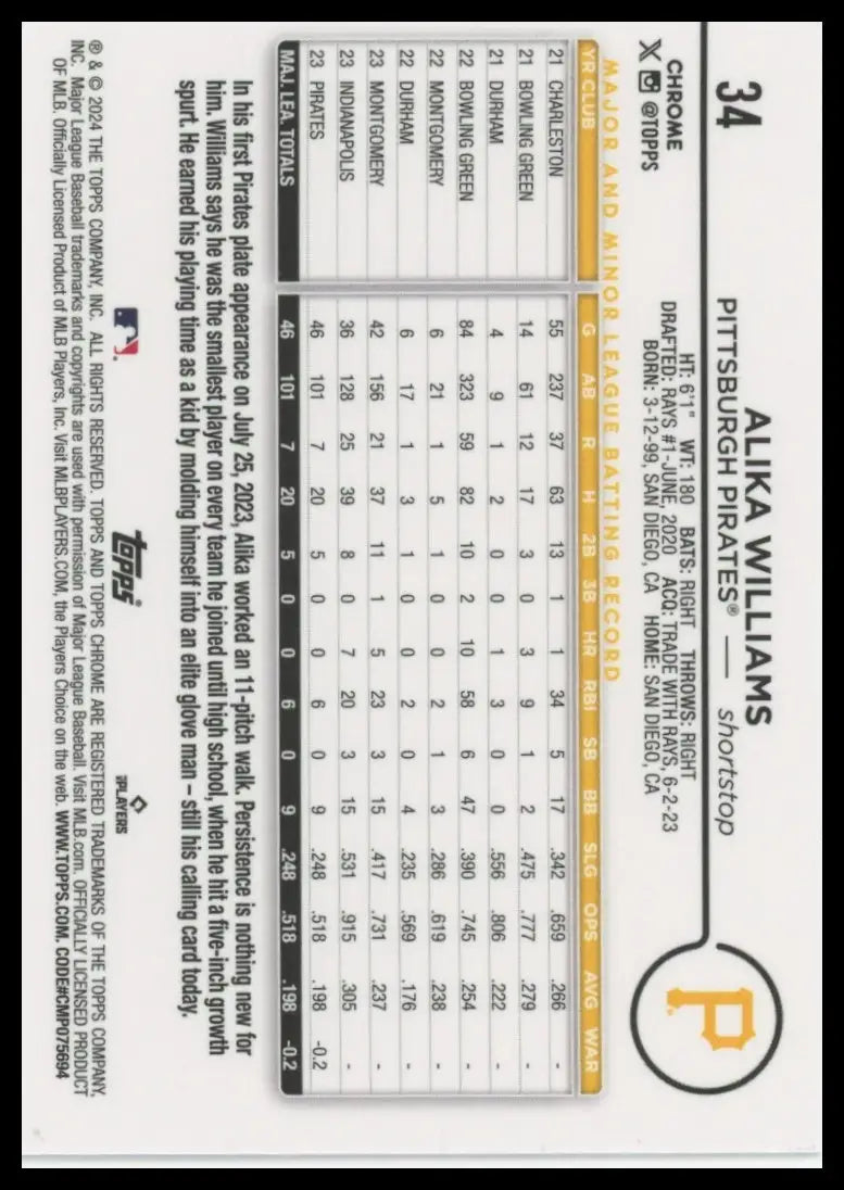 2024 Topps Chrome - Raywave Refractors Alika Williams 34 Pittsburgh Pirates NM - Baseball Card Single