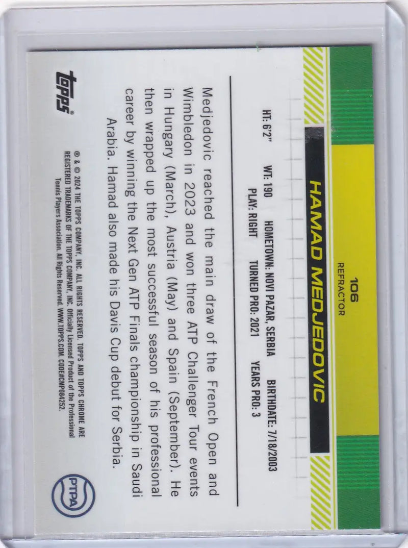 Back side of 2024 Topps Chrome Refractor #106 Hamad Medjedovic trading card design