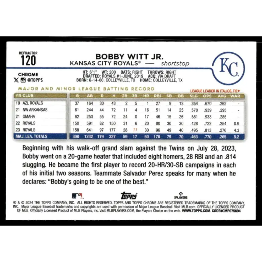 2024 Topps Chrome Refractor #120 Bobby Witt Jr. NM-MT Kansas City Royals Baseball Card - Baseball Card Single