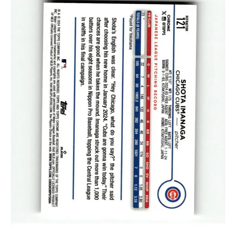 2024 Topps Chrome Refractor #121 Shota Imanaga NM-MT RC Rookie Chicago Cubs Baseball Card - Baseball Card Single