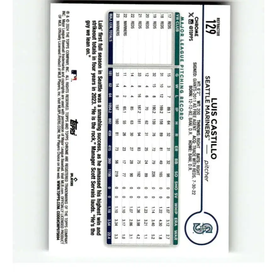 2024 Topps Chrome Refractor #129 Luis Castillo NM-MT Seattle Mariners Baseball Card