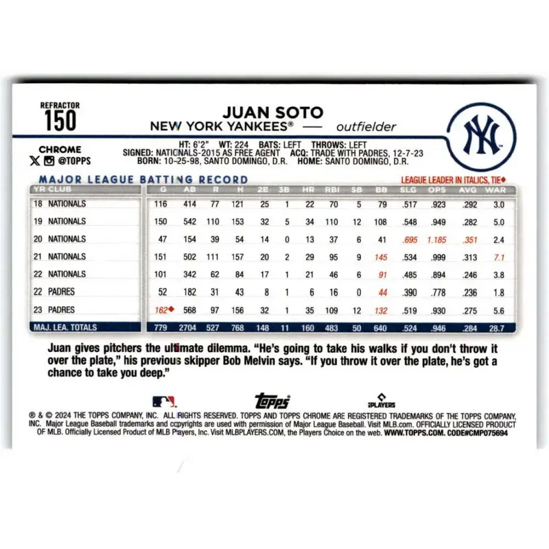 2024 Topps Chrome Refractor #150 Juan Soto NM-MT New York Yankees Baseball Card - Baseball Card Single
