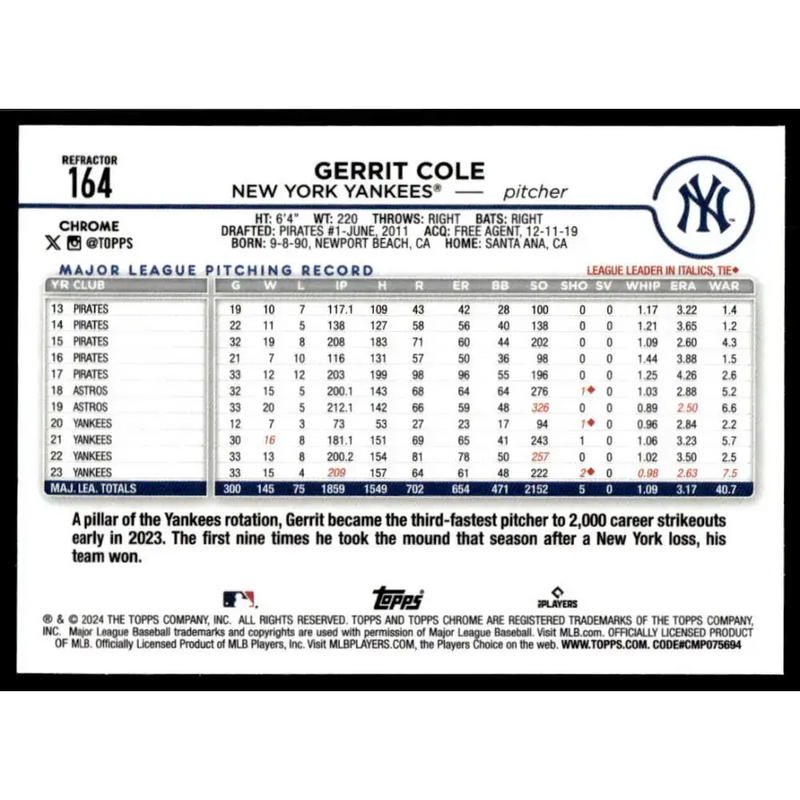 2024 Topps Chrome Refractor #164 Gerrit Cole NM-MT New York Yankees Baseball Card - Baseball Card Single