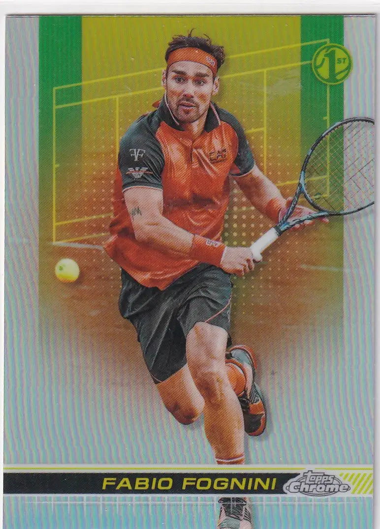 Tennis player hitting a forehand in orange shirt, Topps Chrome Refractor #165 Fabio Fognini