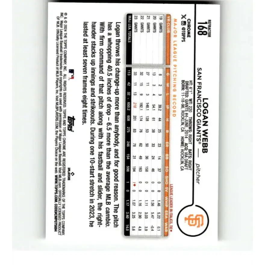 2024 Topps Chrome Refractor #168 Logan Webb NM-MT San Francisco Giants Baseball Card