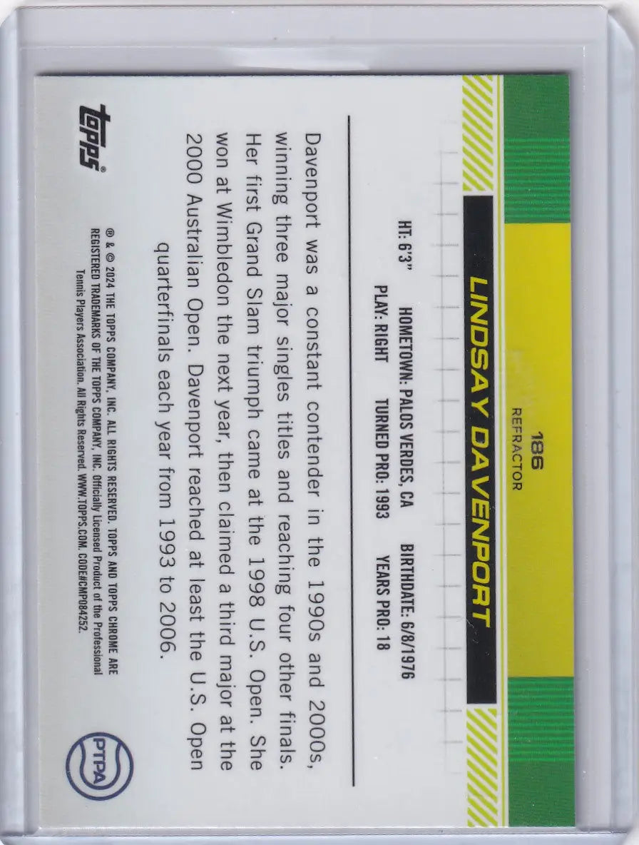 Back side of 2024 Topps Chrome Refractor #186 Lindsay Davenport with text and colored stripes
