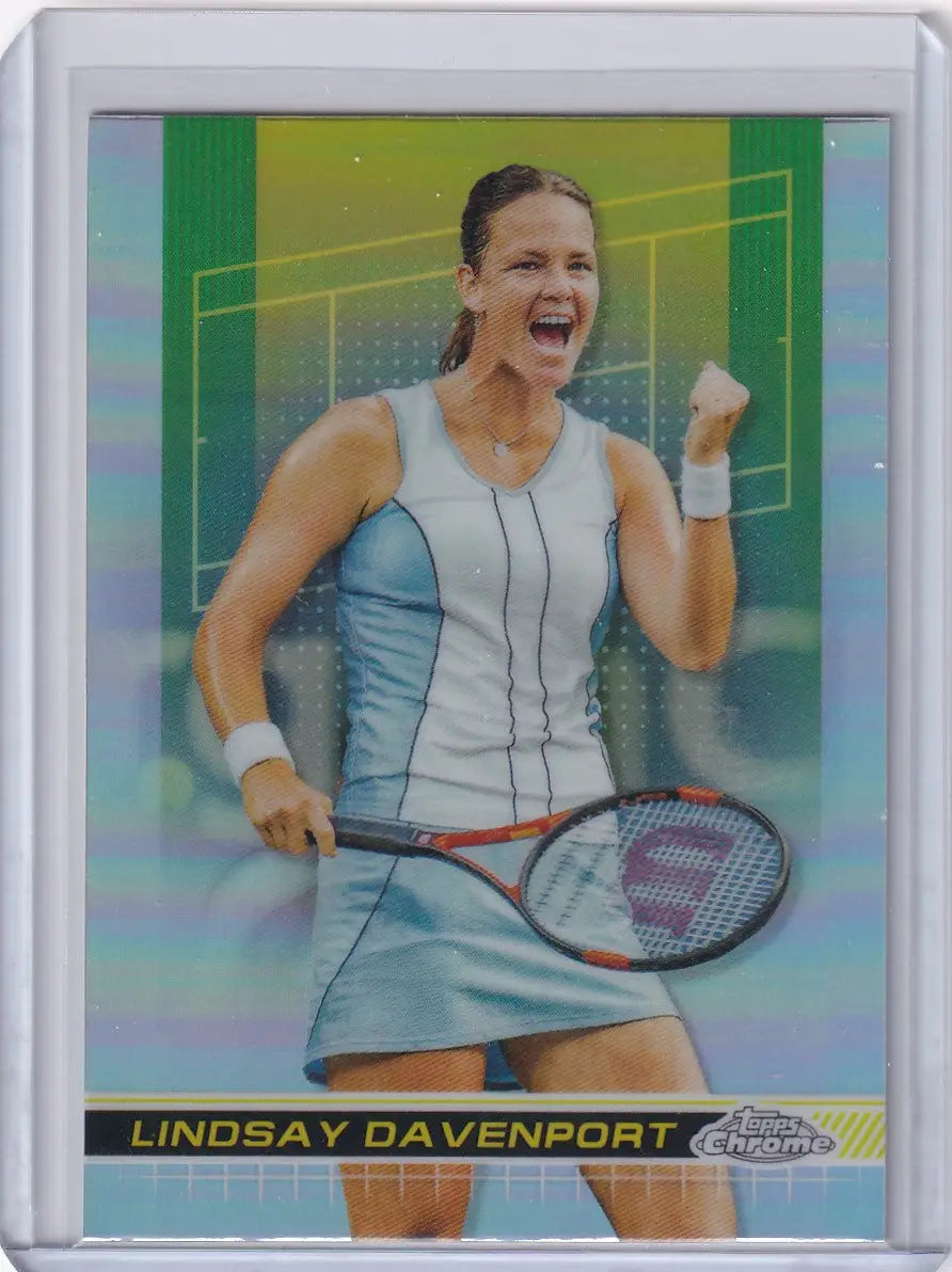 Lindsay Davenport celebrating victory in light blue dress on 2024 Topps Chrome Refractor card