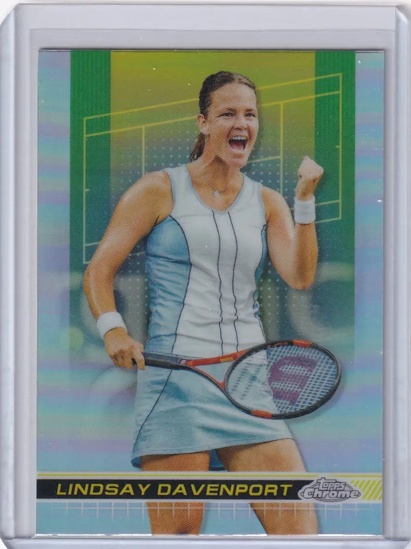 Lindsay Davenport celebrating victory in light blue dress on 2024 Topps Chrome Refractor card