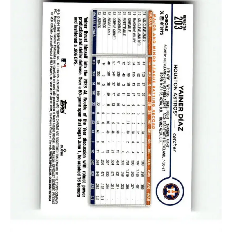 2024 Topps Chrome Refractor #203 Yainer Diaz NM-MT Houston Astros Baseball Card - Baseball Card Single
