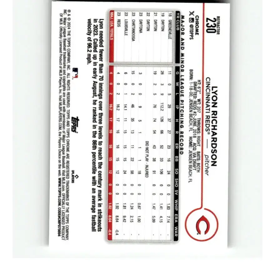 2024 Topps Chrome Refractor #230 Lyon Richardson NM-MT RC Rookie Cincinnati Reds Baseball Card