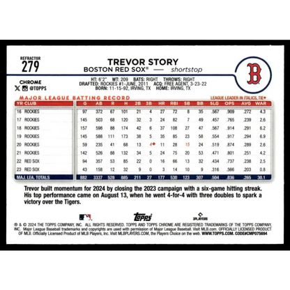 2024 Topps Chrome Refractor #279 Trevor Story NM-MT Boston Red Sox Baseball Card