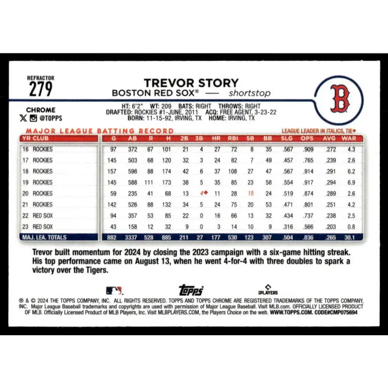 2024 Topps Chrome Refractor #279 Trevor Story NM-MT Boston Red Sox Baseball Card - Baseball Card Single