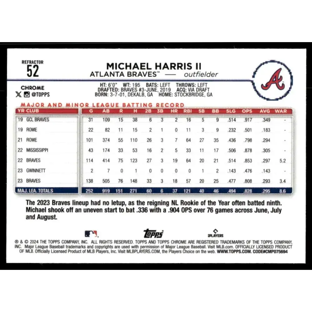 2024 Topps Chrome Refractor #52 Michael Harris II NM-MT Atlanta Braves Baseball Card