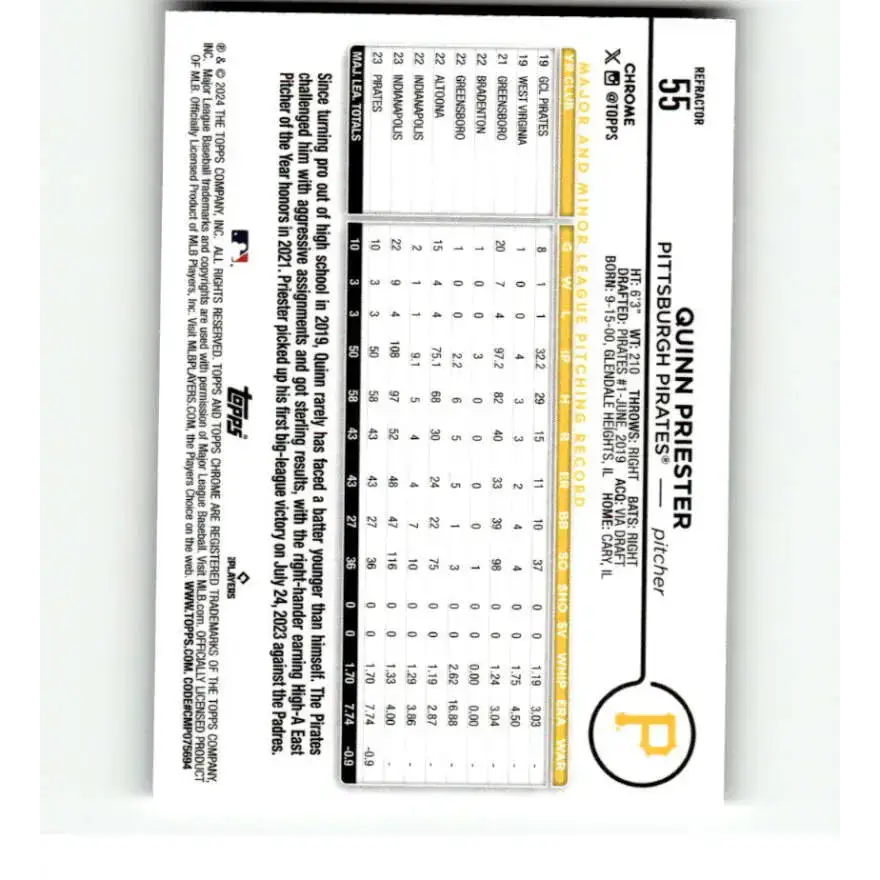 2024 Topps Chrome Refractor #55 Quinn Priester NM-MT RC Rookie Pittsburgh Pirates Baseball Card