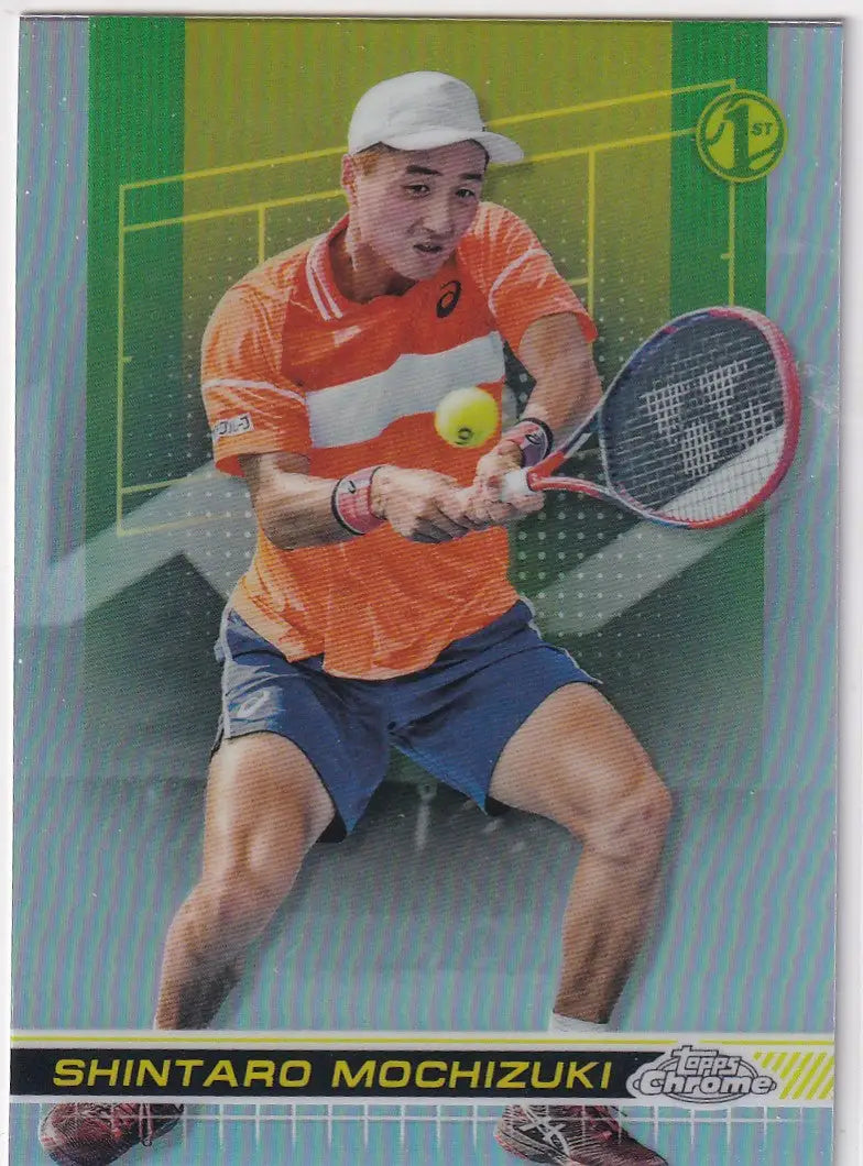Tennis player in orange shirt and navy shorts hitting backhand for Topps Chrome Refractor