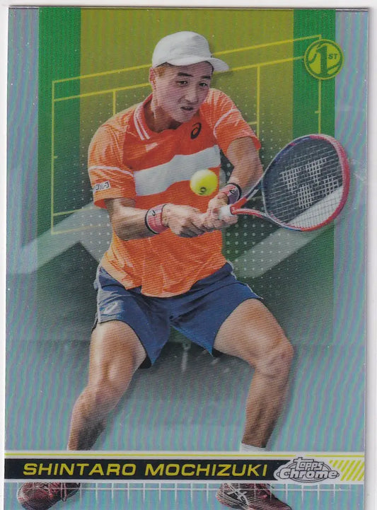 Tennis player in orange shirt and navy shorts hitting backhand for Topps Chrome Refractor