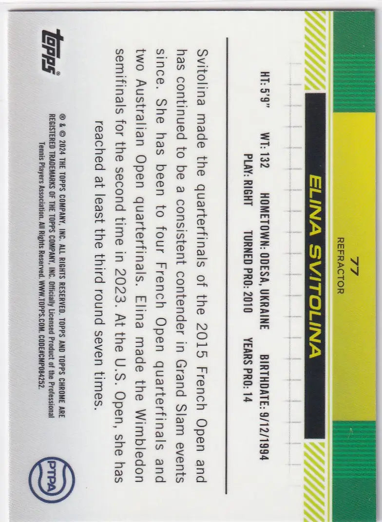 2024 Topps Chrome Refractor #77 Elina Svitolina trading card with green and yellow borders