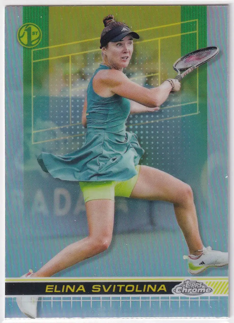 Tennis player in teal hitting backhand shot on 2024 Topps Chrome Refractor card