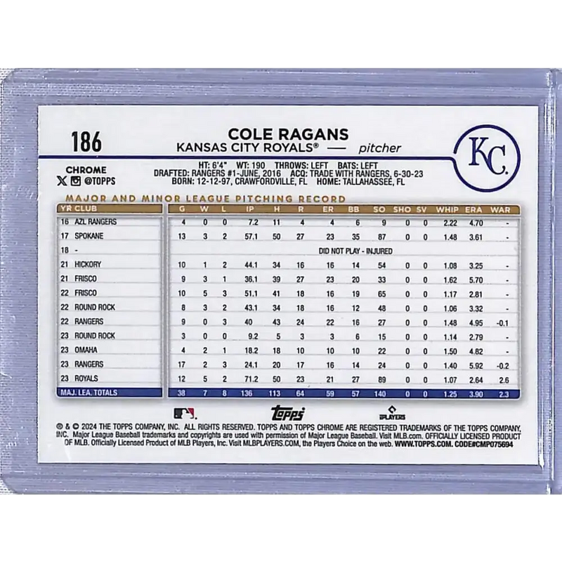 2024 Topps Chrome Refractor Magenta Speckle #186 Cole Ragans NM-MT 239/350 Kansas City Royals - Baseball Card Single