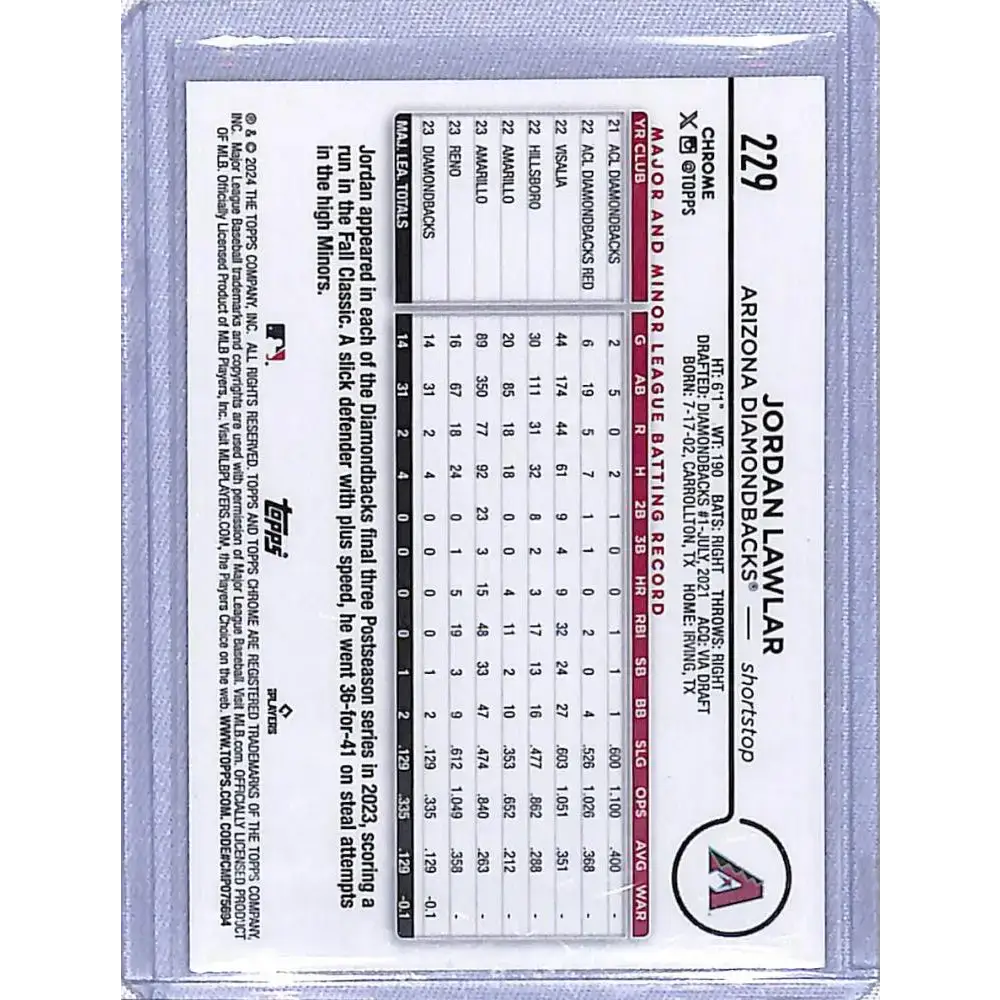 2024 Topps Chrome Refractor Magenta Speckle #229 Jordan Lawlar NM-MT RC Rookie 121/350 Arizona Diamondbacks Baseball