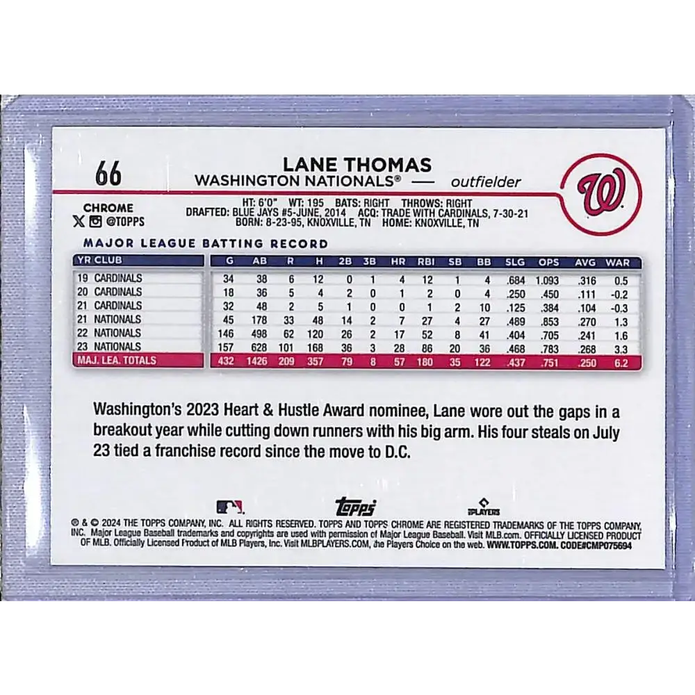 2024 Topps Chrome Refractor Magenta Speckle #66 Lane Thomas NM-MT 240/350 - Baseball Card Single
