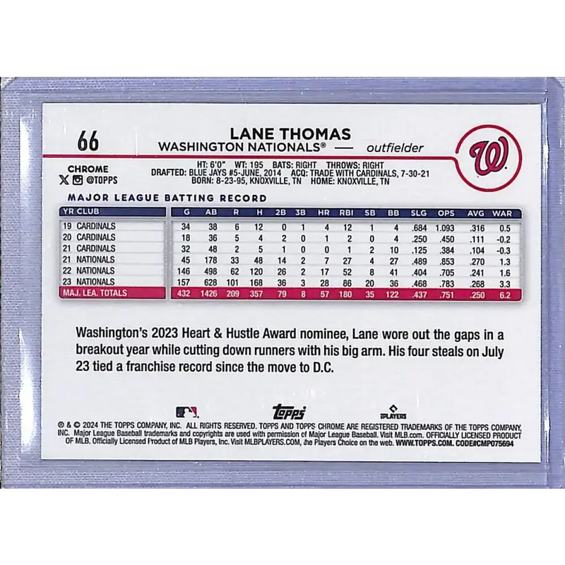 2024 Topps Chrome Refractor Magenta Speckle #66 Lane Thomas NM-MT 240/350 - Baseball Card Single