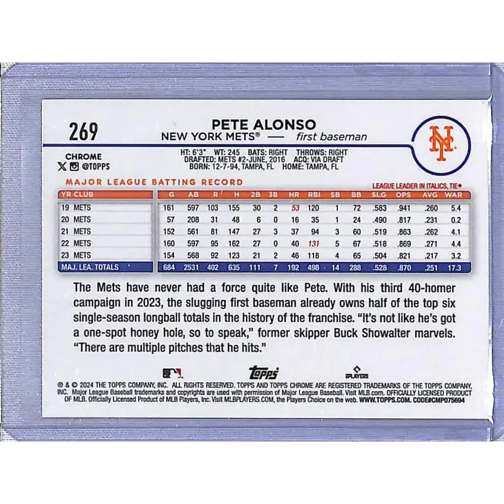 2024 Topps Chrome Refractor Negative #269 Pete Alonso NM-MT New York Mets Baseball Card