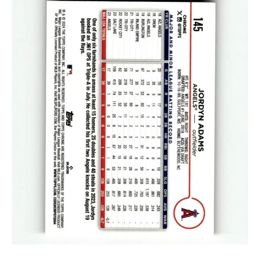 2024 Topps Chrome Refractor Pink #145 Jordyn Adams NM-MT RC Rookie Los Angeles Angels Baseball Card